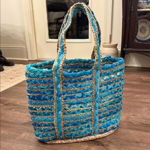 America and Beyond Woven Jute Tote Beach Blues